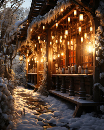 Beautiful wooden house in the winter forest at night. Winter landscape.の素材