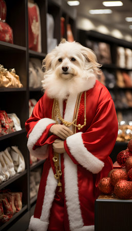 Cute white dog dressed as Santa Claus in a store with Christmas decorationsの素材