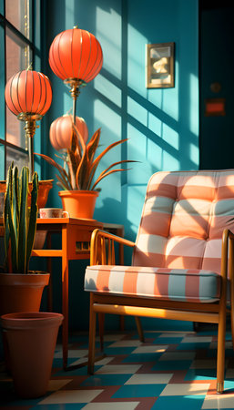 Interior of a cafe with colorful furniture and plants. Toned.の素材