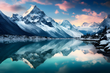 Mountains reflected in the lake. Himalayas, Nepal.の素材