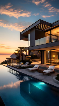 Luxury modern house with swimming pool at sunset. Nobody insideの素材