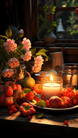 Still life with a burning candle, fruits and flowers on a wooden tableの素材