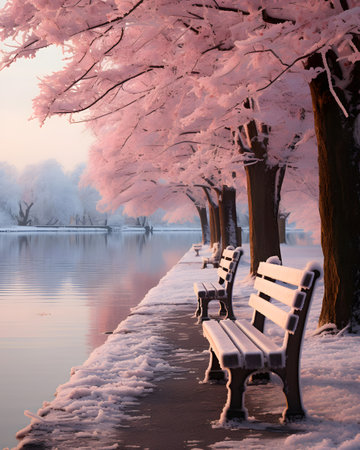 Beautiful winter landscape with snow covered trees, lake and bench.の素材