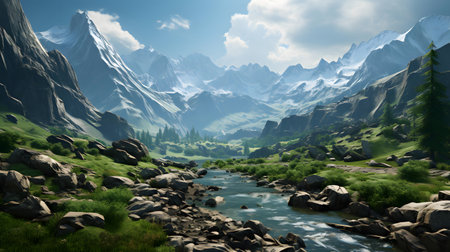 Mountain landscape with river and blue sky. 3d rendering.の素材