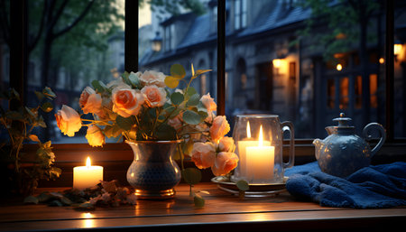 Still life with burning candles, bouquet of flowers and tea pot on the windowsillの素材