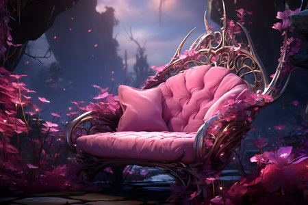 Luxury armchair with pink pillows in the garden.の素材