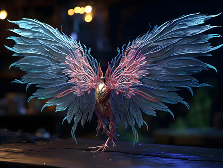 3d rendering of a red and blue cockerel on a dark backgroundの素材