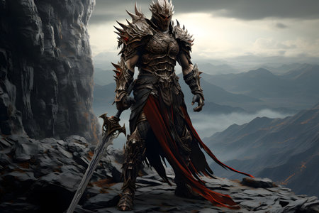 3D illustration of a fantasy warrior with a sword in the mountainsの素材