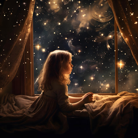Little girl sitting on the windowsill and looking at the night skyの素材