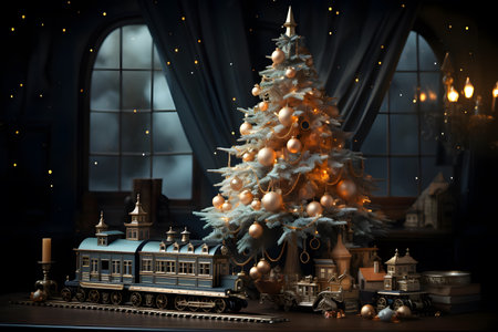 Christmas tree and toy train in the interior of the room with a windowの素材