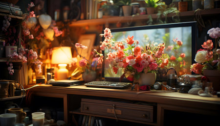 Working place of a florist with a computer and flowers.の素材