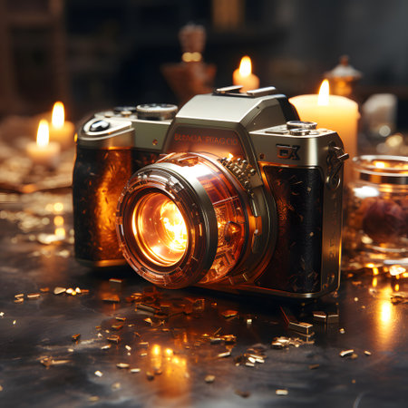 Vintage photo camera and burning candles on a dark background. Selective focus.の素材