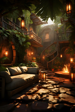 3D rendering of a fantasy garden with a sofa and a lampの素材