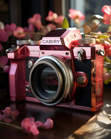 Vintage camera with flowers on wooden table. Selective focus.の素材