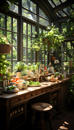 Kitchen interior with plants, fruits and vegetables in pots and windowの素材