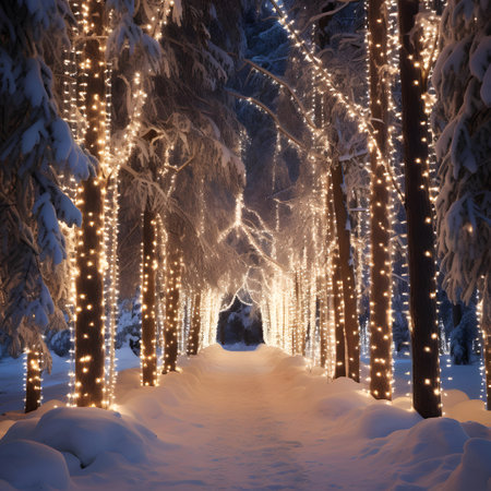 Winter forest with Christmas lights. Beautiful winter landscape with snow covered trees.の素材