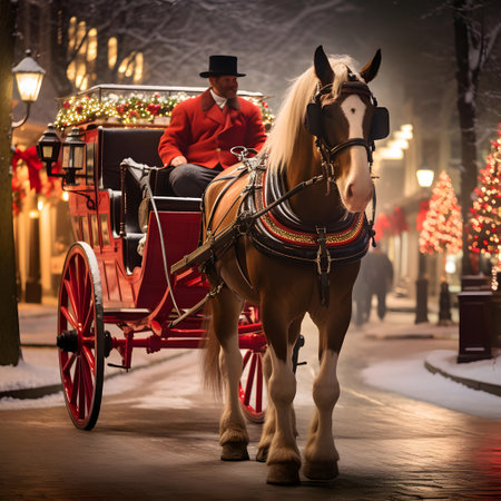 Horse-drawn carriage with a man in a red hat on the background of a winter street.の素材