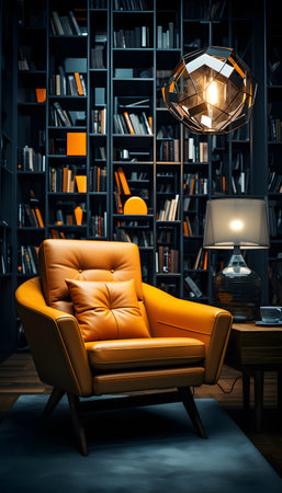 Yellow armchair in the living room with bookshelves and lampの素材