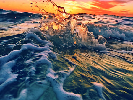 Beautiful sunset over the sea with waves and splashes of waterの素材