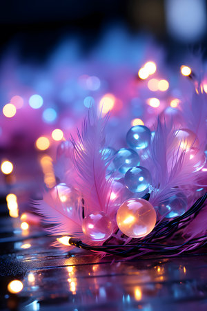 Christmas decoration with bokeh lights and feathers on a black backgroundの素材
