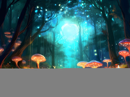 Mystical forest with mushrooms in the night. 3D illustrationsの素材