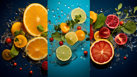 Citrus fruits with water splash on blue background. Orange, lemon, grapefruit, kumquat, lime and cranberry.の素材