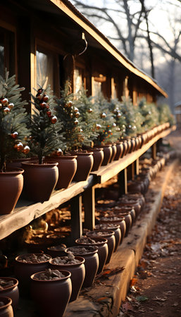 Christmas market in Poland. Decorated Christmas trees in pots.の素材