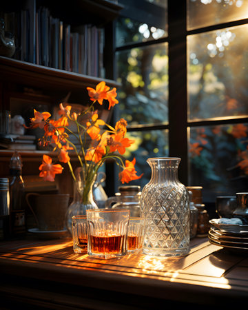 Two glasses of cognac or brandy and a vase of flowers on the windowsill.の素材