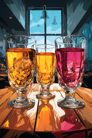 illustration of three glasses of whiskey on the table in the barの素材