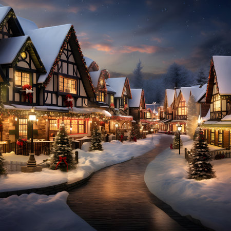 Christmas village in the snow at night. 3d rendering. Computer digital drawing.の素材