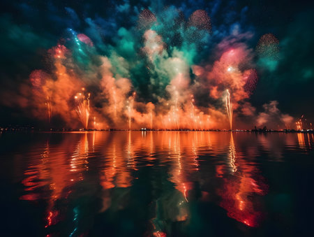Colorful fireworks in the night sky over the sea with reflection in waterの素材