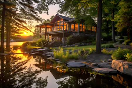 Wooden house with a beautiful lake in the park at sunset.の素材