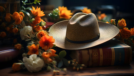 Straw hat, books and bouquet of flowers on a dark backgroundの素材