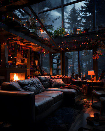Interior of a cozy living room with a large window overlooking the forest.の素材