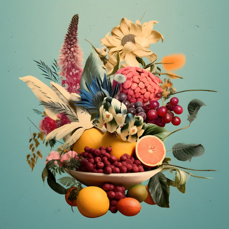 Fruits and berries in a vase isolated on turquoise backgroundの素材