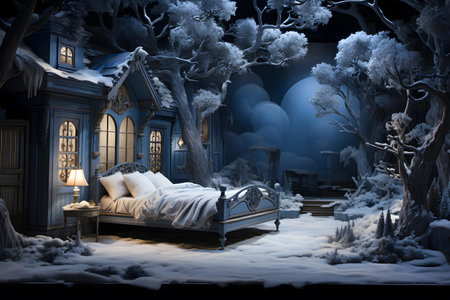 3d illustration of a fairy-tale bedroom in winter with treesの素材