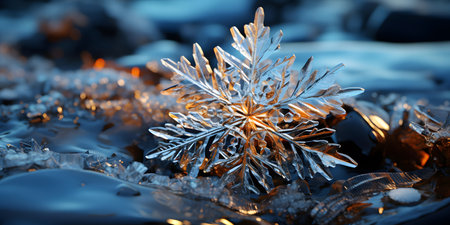 Frosty snowflake on ice, close up. Christmas backgroundの素材