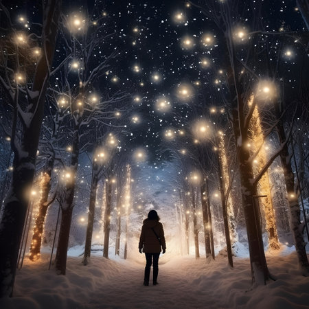 Woman walking in winter forest at night with lights and snowflakesの素材