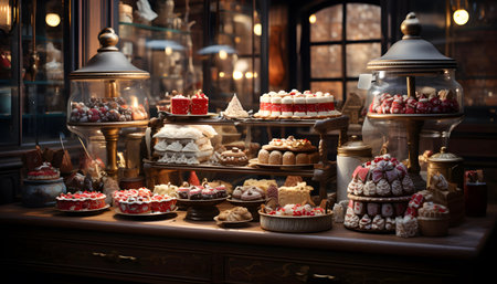 Group of assorted cookies and sweets on display in a shop window.の素材