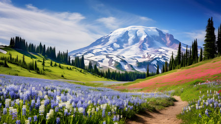 Mount Rainier National Park, Washington, United States. Landscape with wildflowers.の素材