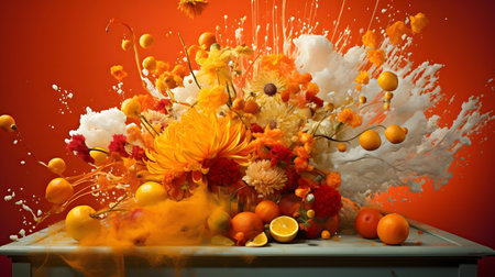 Fruit bouquet with oranges and chrysanthemums on a tableの素材