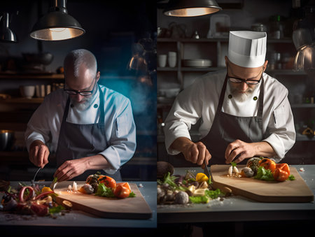 Collage of professional chefs cutting vegetables in the kitchen at night.の素材