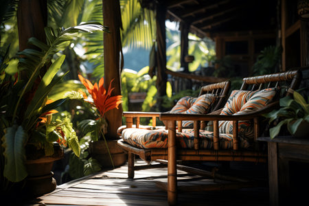 Sofa in the garden with tropical plants and flowers in the backgroundの素材