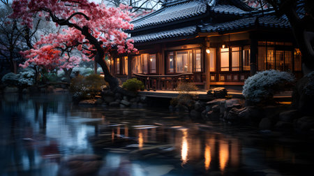 Beautiful Japanese garden with a pond and a blooming cherry treeの素材