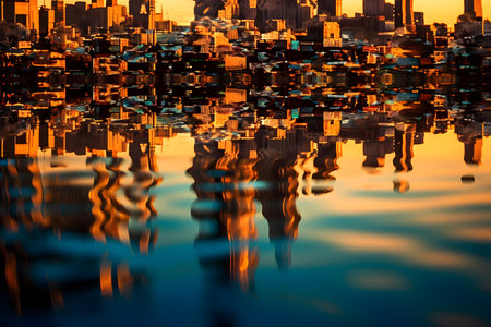 Cityscape with reflection in water at sunset time. Abstract background.の素材