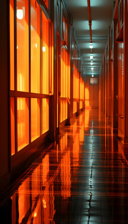 Interior of a corridor in a modern office building illuminated by the setting sunの素材