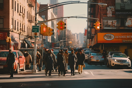 Pedestrians cross the street in Manhattanの素材