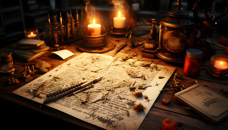 Vintage still life with old paper, books, candles and compassの素材