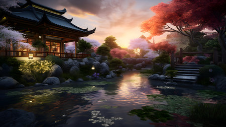 Japanese garden at sunset, 3D rendering. Computer digital drawing.の素材
