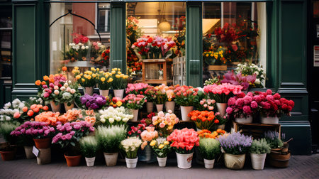 Flower shop in Amsterdam, Netherlands. Flowers in pots on the streetの素材
